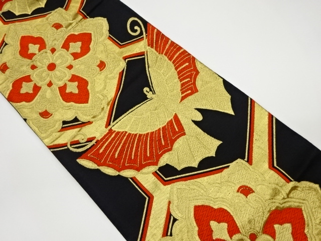 JAPANESE KIMONO / VINTAGE FUKURO OBI / WOVEN BUTTERFLY & FLOWER CREST